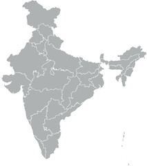 Vector map of India in gray with white borders of states and union territories. Minimalist political subdivision map.

