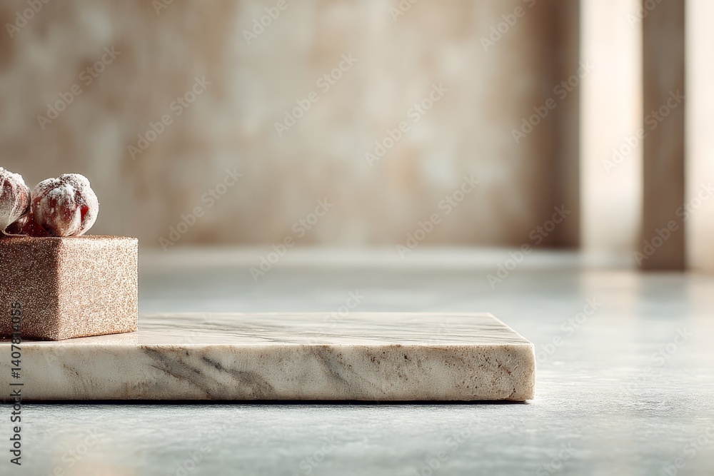 Poster elegant marble surface with a decorative box and dried flowers in a minimalistic setting during soft