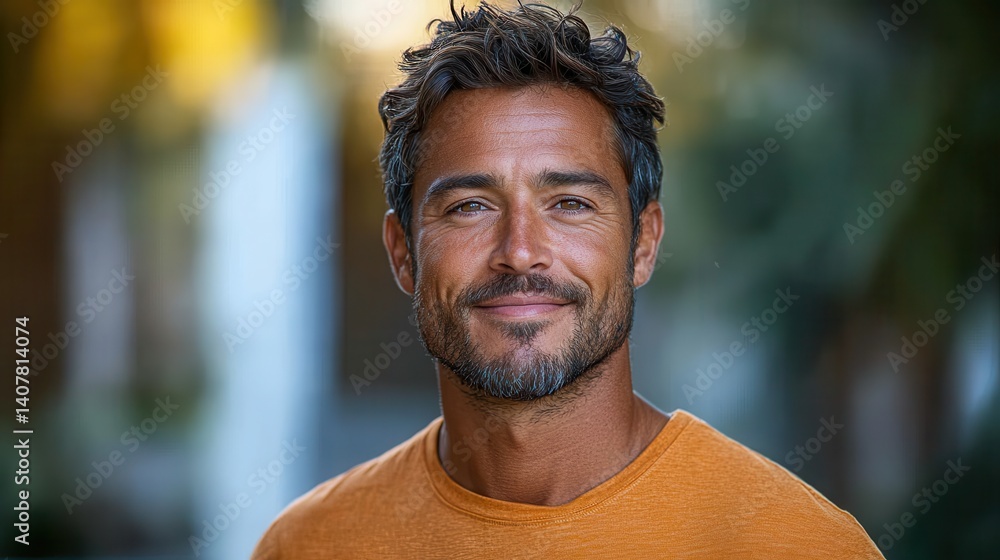 Poster a man in an orange shirt is smiling and posing for a picture the image has a warm and friendly mood 