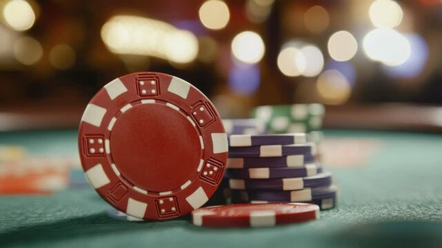 Colorful Casino Chips on Green Table with Blurry Background in a Vibrant Gaming Atmosphere