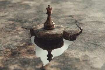 A solitary chess piece hovers above a cracked stone surface, creating a surreal and dramatic scene with stark lighting and rich detail.