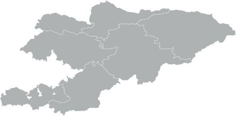 Vector map of Kyrgyzstan in gray with white borders of regions. Minimalist political subdivision map.

