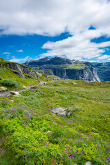 Beautiful mountain landscape in the trail for Trolltunga,  Norway