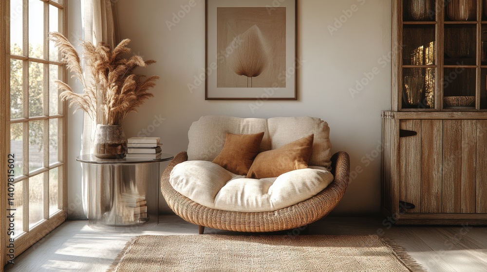 Poster a modern reading nook with a woven chair a sleek glass console and a minimalist framed artwork earth