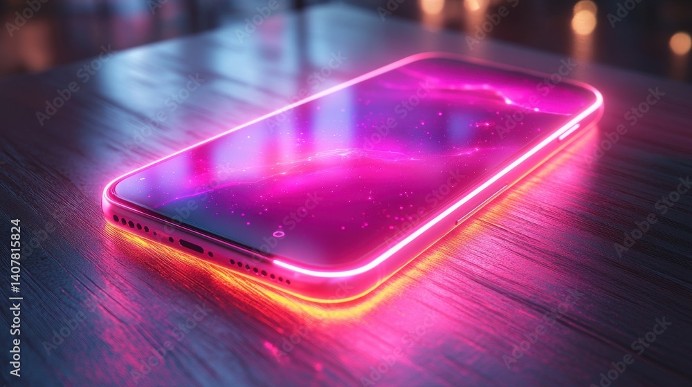Poster a modern smartphone on a table emits a neon holographic glow generated by artificial intelligence