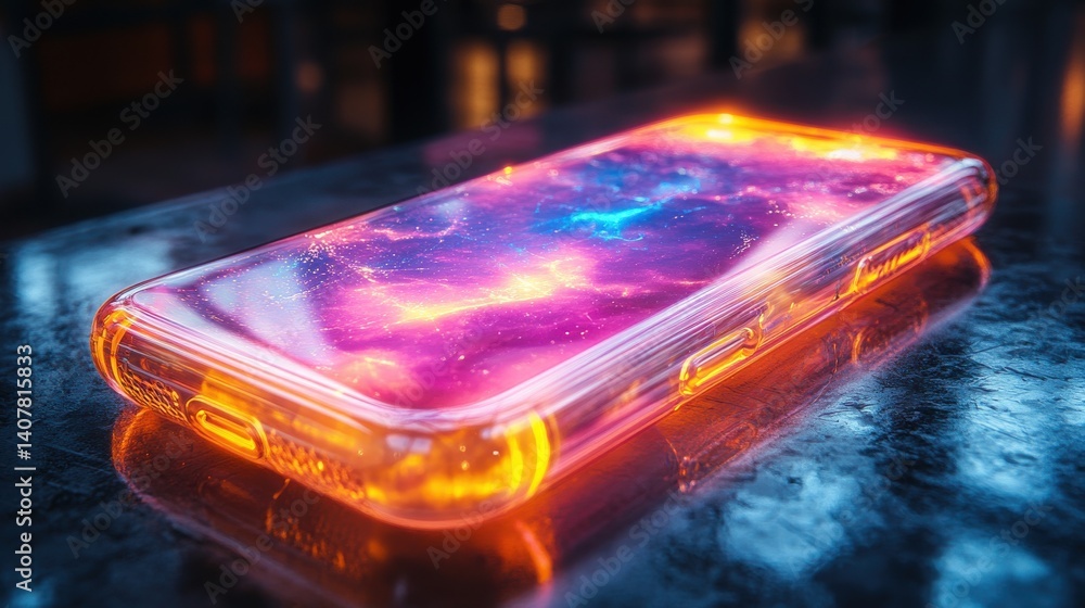 Poster a modern smartphone on a table emits a neon holographic glow generated by artificial intelligence,st