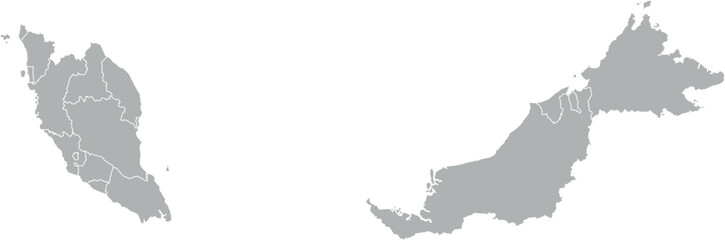 Vector map of Malaysia in gray with white borders of states and territories. Minimalist political subdivision map.

