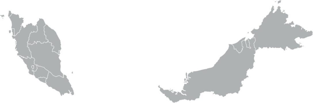 Vector map of Malaysia in gray with white borders of states and territories. Minimalist political subdivision map.

