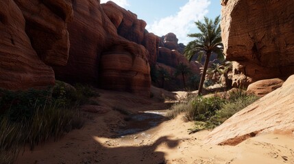 Desert Canyon Passage Under Sunny Sky
