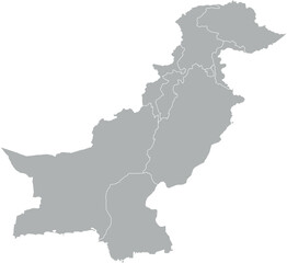 Vector map of Pakistan in gray with white borders of provinces and territories. Minimalist political subdivision map.

