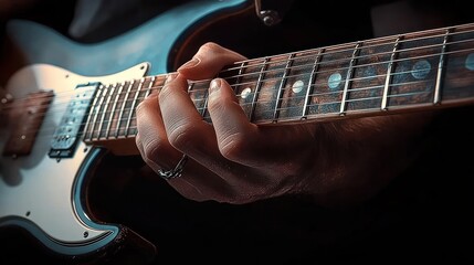 Close Up of Male Guitarist Playing White Electric Guitar in Studio Black Background