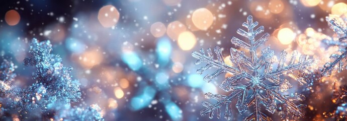 Close-up of Delicate Snowflakes with Soft Bokeh Lights Background in Magical Winter Atmosphere