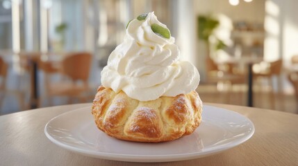 Delicious Creamy Dessert with Whipped Topping on a Sweet Bun Placed on a White Plate in a Cozy Cafe Setting Filled with Natural Light