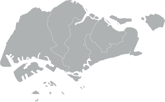 Vector map of Singapore in gray with white borders of planning areas. Minimalist political subdivision map.

