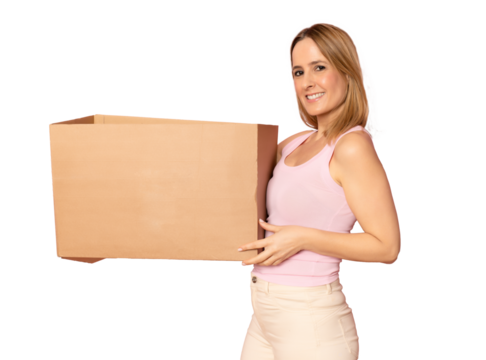 Image of happy woman in casual clothes holding piece of birthday cake with candle isolated over transparent background. Celebration concept.