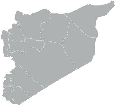 Vector map of Syria in gray with white borders of governorates. Minimalist political subdivision map.

