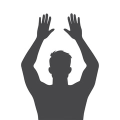 A simple black silhouette of a person with arms raised high above their head, against a white background.