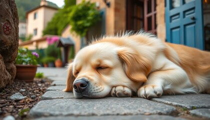 Golden Retriever Dog Sleeping Peacefully Outdoors on Stone Pavement near Buildings