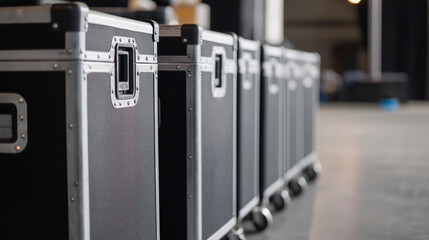 Stacked black road cases used for transporting equipment, symbolizing logistics, event production, and professional storage solutions.