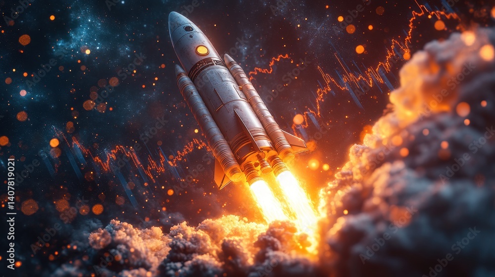 Aufkleber a rocket launches skyward in front of vibrant financial charts symbolizing market growth and economi
