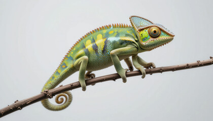 Obraz premium Detailed Close-Up of a Vibrant Veiled Chameleon on Branch