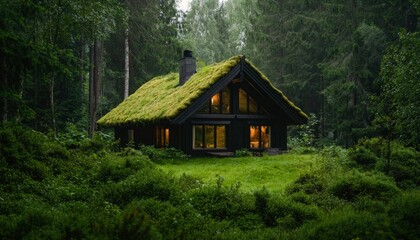 Obraz premium Cozy black cabin with a grass roof nestled in a green forest clearing