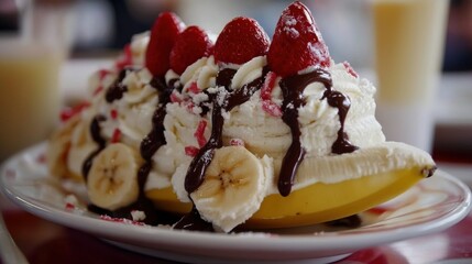 A banana split topped with whipped cream, fresh raspberries, and drizzled with chocolate sauce, served on a white plate.