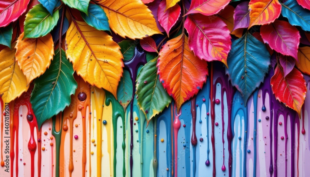 Poster melting colors create an abstract image where leaves appear to melt and drip colors, evoking a sense