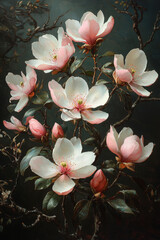 Vintage vase adorned with blooming magnolia flowers in soft pink and white shades