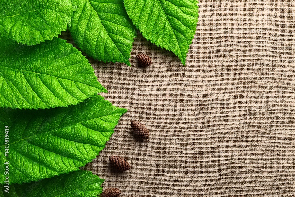 Aufkleber fresh green leaves and pine cones arranged on a textured surface create a natural and serene atmosph