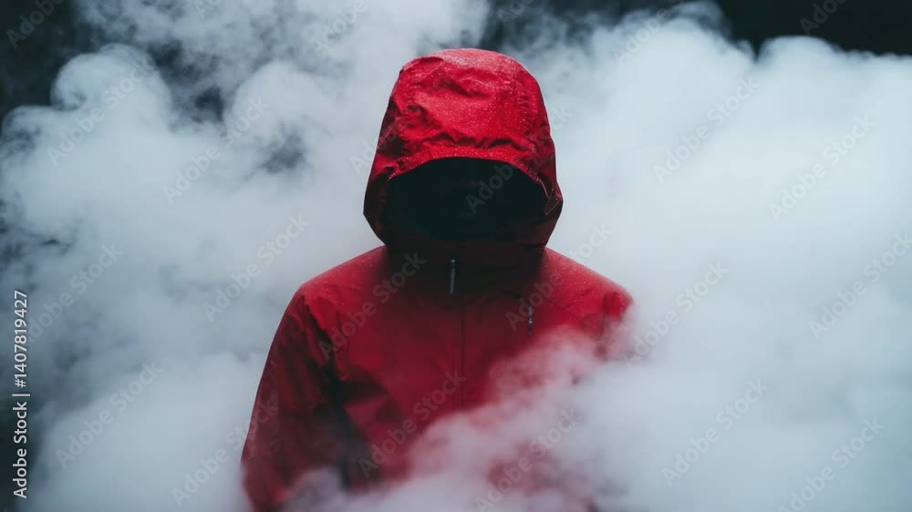 Poster mysterious figure in red hooded jacket surrounded by fog in dark atmosphere creating an eerie yet ca