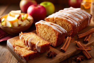 Applesauce cake day poster food with moist slice of applesauce cake topped with cinnamon glaze with copy space. Warm cozy light.Rustic kitchen background.