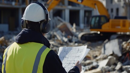 Demolition site supervisor overseeing controlled building teardown. Featuring safety and efficiency