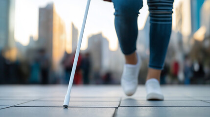 Person walking with a white cane on a textured sidewalk, symbolizing visual impairment, accessibility, and independence.