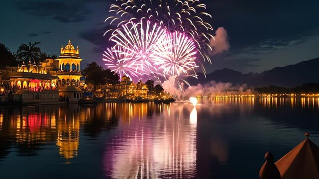 Magnificent Fireworks Display over Udaipur's Illuminated Palaces and Lake Pichola