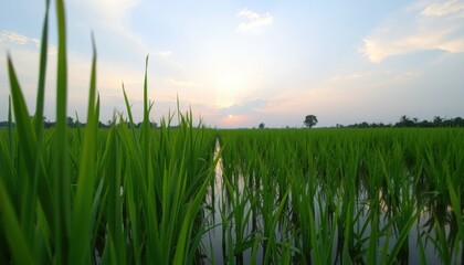 Fototapeta premium Serene Sunset Over Lush Green Rice Paddy Field Water Reflections