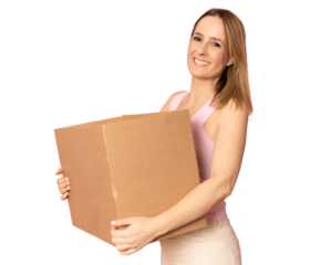 post, package and delivery concept - smiling woman in casual clothes with parcel box isolated over transparent background.
