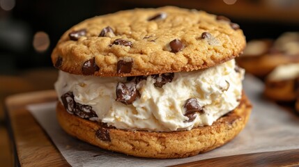 Deliciously Indulgent Chocolate Chip Cookie Sandwich Filled with Creamy Vanilla Ice Cream, Perfect for Dessert Lovers and Sweet Treat Enthusiasts