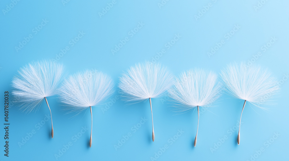 Poster dandelion seeds arranged in a row on a light blue background with soft lighting.