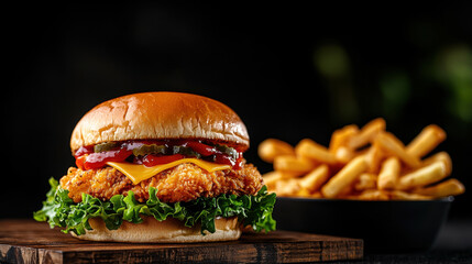 Delicious fast food featuring crispy chicken burger with fresh lettuce and fries