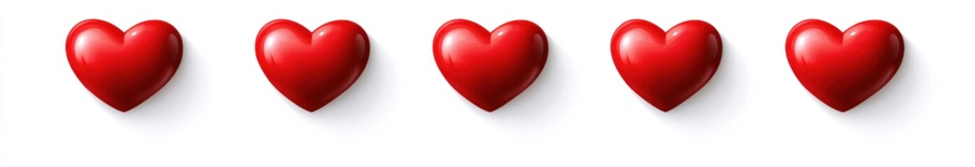 Fototapeta premium Five red hearts in a row are displayed on a white background