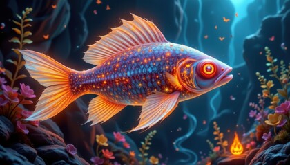 Fototapeta premium Fantasy Glowfish Create a bioluminescent fish with radiant fins, swimming through an enchanted ocean filled with luminous flora and fauna.