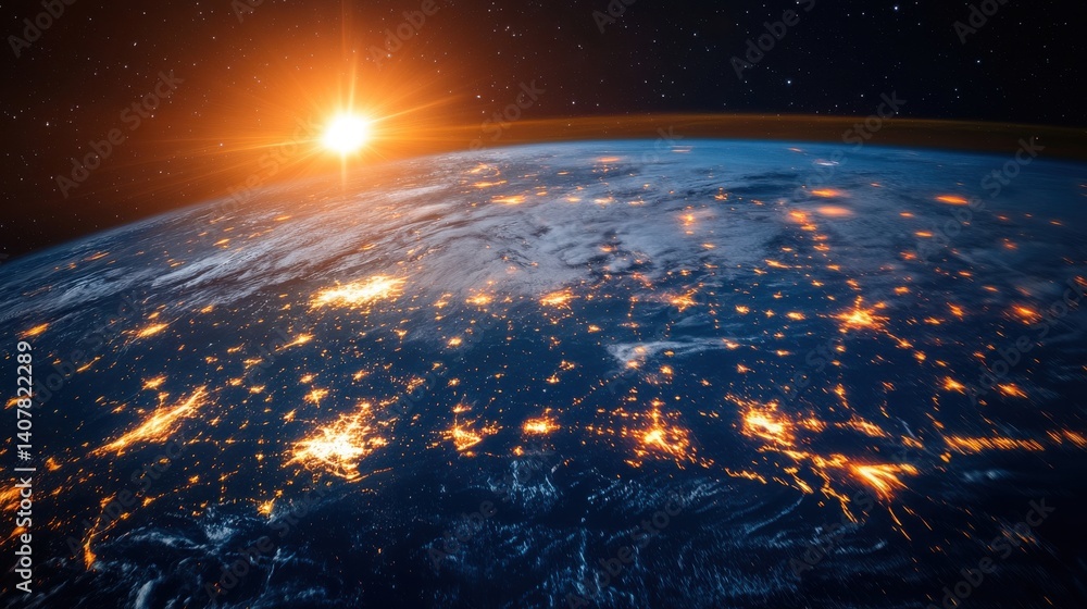 Aufkleber a stunning representation of a global digital network featuring interconnected nodes glowing data streams and a sunrise over the earth the image symbolizes global connectivity blockchain technolo
