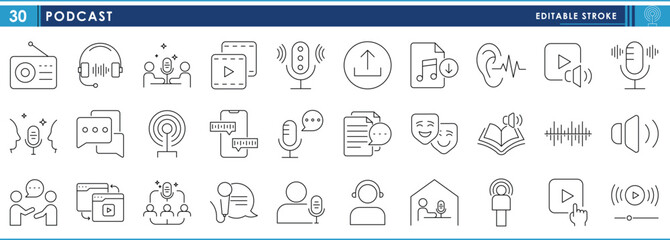 A set of line icons related to Podcast. Voice, interview, microphone, speaker, subscribe, stream, download, chat, and so on. Vector editable stroke.