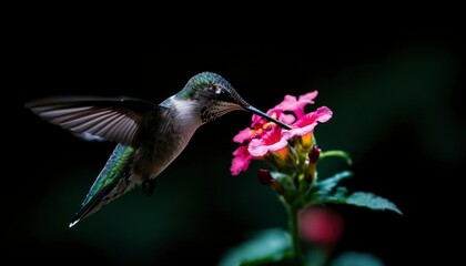 Fototapeta premium Hummingbird Feeding on Pink Lantana Flower, Dark Background, Close-up