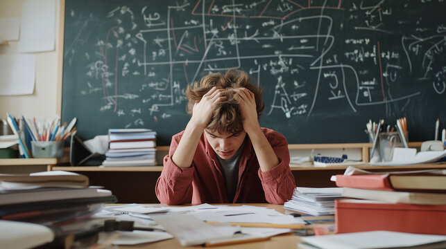Frustrated student overwhelmed with schoolwork sitting in a cluttered classroom with a blackboard full of equations.
 - Powered by Adobe