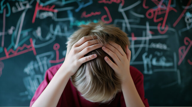 Frustrated student overwhelmed with schoolwork sitting in a cluttered classroom with a blackboard full of equations.
