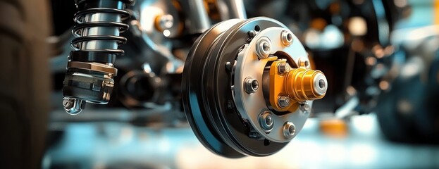 Car Suspension System and Drive Shaft Close-Up Illustration of Electric Vehicle Spare Parts with Shock Absorber and Brake Components