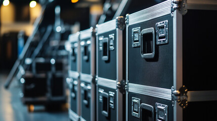 Row of black road cases for transporting stage and event equipment in a backstage area.
