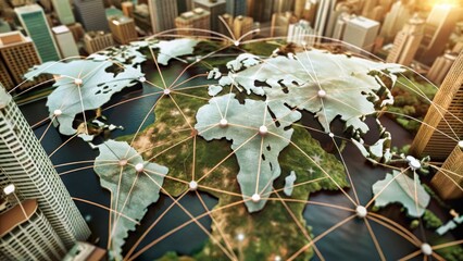 A digital representation of the globe with interconnected lines, showcasing a networked world amidst a cityscape.